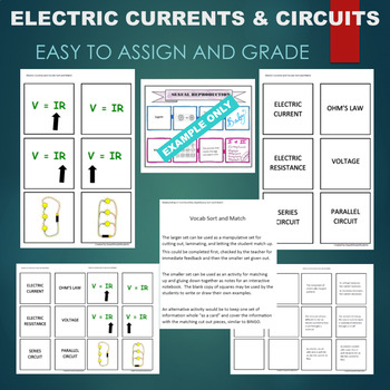 Preview of Electric Currents & Circuits (Ohm, Voltage, etc) Sort & Match STATIONS Activity