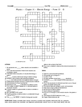 Electric Energy: Crossword with Word Bank Worksheet Form 1 by Ceres