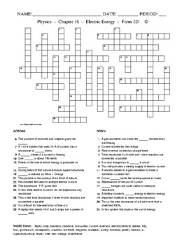 Electric Energy: Crossword with Word Bank Worksheet Form 2 by Ceres