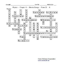 Electric Energy: Crossword with Word Bank Worksheet Form 2 by Ceres