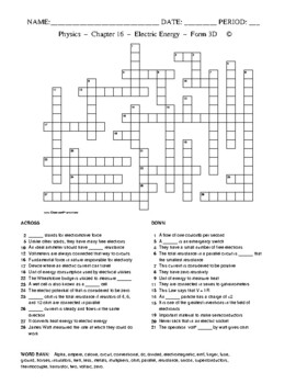 Electric Energy: Crossword with Word Bank Worksheet Form 3 by Ceres