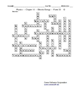 Electric Energy: Crossword with Word Bank Worksheet Form 3 by Ceres