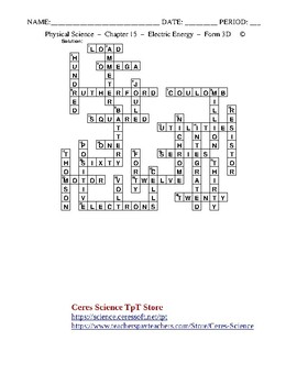 Electric Energy HS Physical Science Crossword with Word Bank