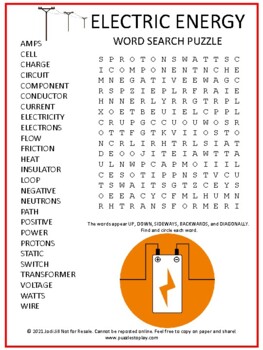Preview of Electric Energy Science Word Search Puzzle | Game Activity Worksheet