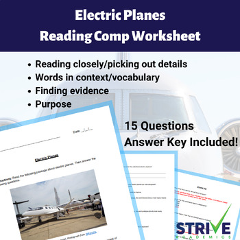 Preview of Electric Planes High Interest Reading Comprehension Worksheet