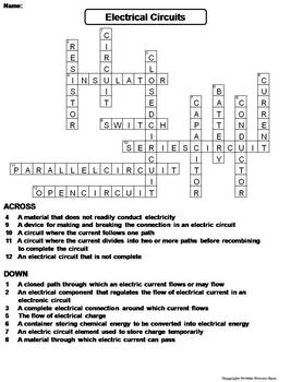 Electrical Circuits Worksheet Crossword Puzzle