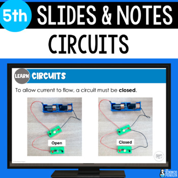Preview of Electrical Circuits and Electricity Google Slides & Notes Worksheet | 5th Grade