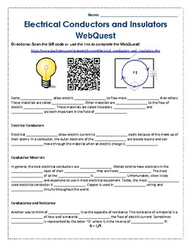 Electrical Conductors and Insulators WebQuest by Miss Stokes' Science Lab