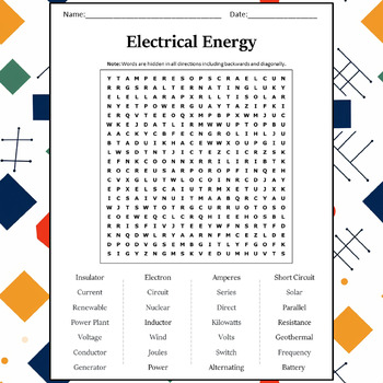 Preview of Electrical Energy Word Search Puzzle Worksheet Activity