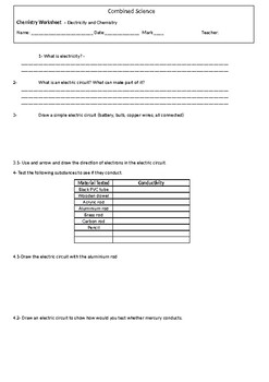 Electricity, Chemistry and Electrolysis - Chemistry Worksheet | TPT