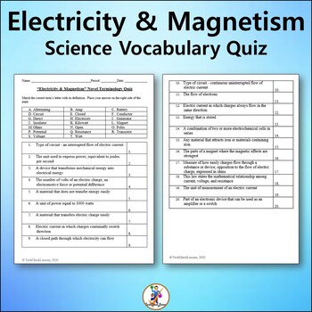 Preview of Electricity & Magnetism Science Vocabulary Quiz - Editable Worksheet