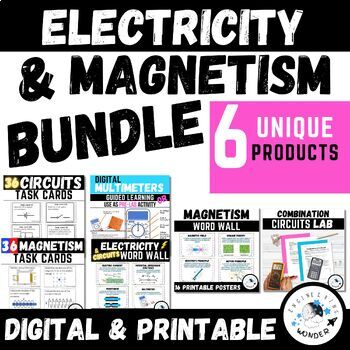 Preview of Electricity & Magnetism - Slides, Word Wall & Task Cards BUNDLE