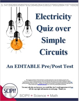 Preview of Electricity Science Test Over Simple Circuits for Grades 5-8 - EDITABLE