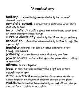 Electricity Vocabulary by Queen of the Kindergarten Jungle | TpT