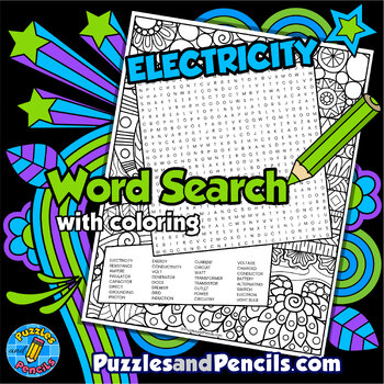 Preview of Electricity Word Search Puzzle Activity with Coloring | Energy Wordsearch