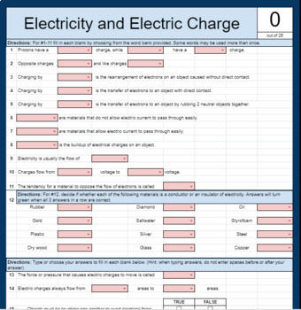 Preview of Electricity and Electric Charge *SELF GRADING* google sheet