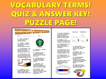 Preview of Electricity and Magnetism Vocabulary Quiz (Study Guide and Puzzle Pages)