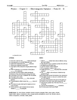 Electromagnetic Radiation: Crossword with Word Bank Worksheet Form 2