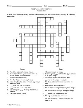 Preview of Electromagnetic Spectrum Crossword Puzzle with Answer Key: Science Vocabulary