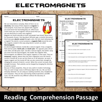 Preview of Electromagnets Reading Comprehension Passage and Questions - PDF
