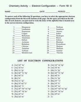 Preview of Electron Configuration - Free Chemistry Matching Worksheet - Form 1B