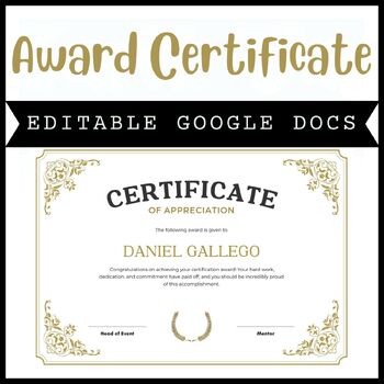 Preview of Elegant Editable Award Certificate - Graduation Template Google Docs  2024