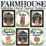 Farmhouse Themed Classroom Hand Signal Posters with EDITABLE Text