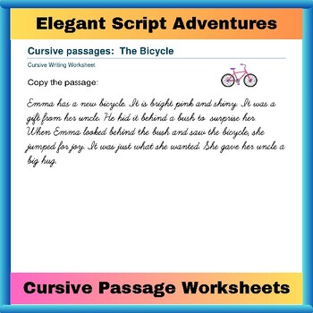 Preview of Elegant Script Adventures: Cursive Passage Worksheets