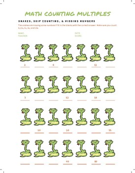 Preview of Elem Math 2 3 5 10s multiples counting worksheet snake theme distance learning