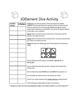 Element Dice Activity with Optional 3D Printed Dice. by Stannard's ...