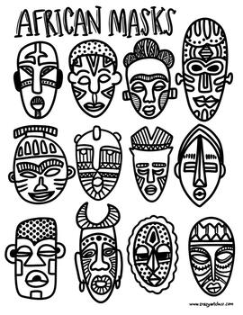 Preview of Elementary Art African Mask Lesson Idea Sheet Sketch Printable Coloring Page