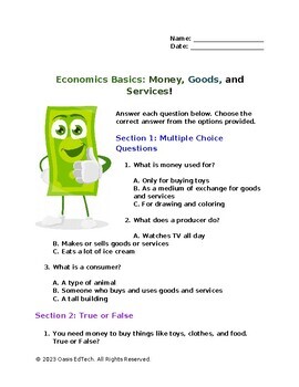 Preview of Elementary Economics Basics: Money, Goods, and Services Worksheet!
