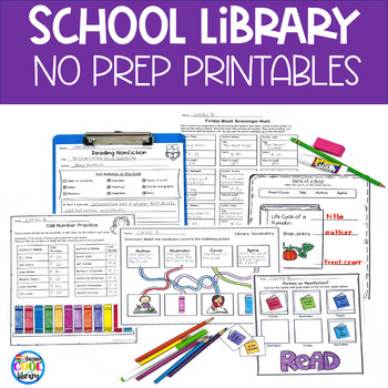Preview of Library Skills No Prep Printables and Worksheets