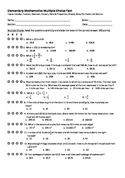 Preview of Elementary Math 40 items Multiple Choice Test