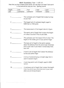 Preview of Elementary Measurement of Length and Width Vocabulary Test/Quiz
