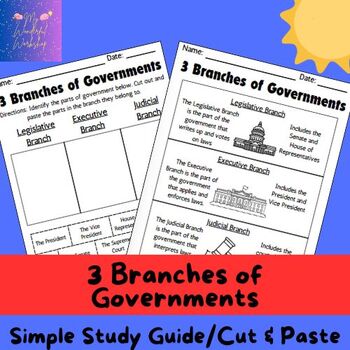 Preview of Elementary/Middle School 3 Branches of Government Worksheet/Simple Study Guide