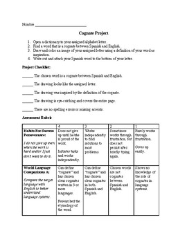 Preview of Elementary/Middle School Spanish Cognate Project