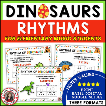 Preview of Elementary Music Activities - Rhythm Worksheets - Dinosaurs - Print and Digital