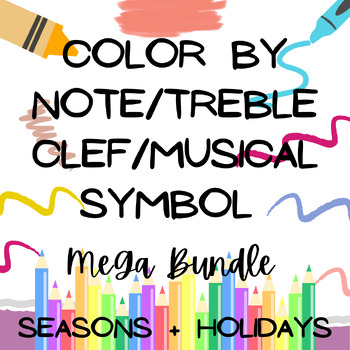 Preview of Elementary Music Color by Note/Treble Clef/Symbol Seasons and Holiday BUNDLE