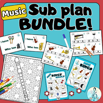 Preview of Elementary Music Sub Plans BUNDLE (Games, Task cards & Coloring Music Sheets)