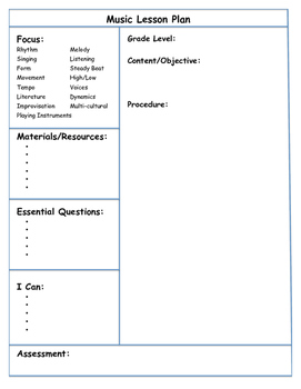 Preview of Elementary Music Lesson Plan Template