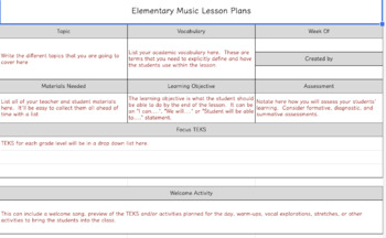 Preview of Elementary Music Lesson Plan (Texas TEKS edition)