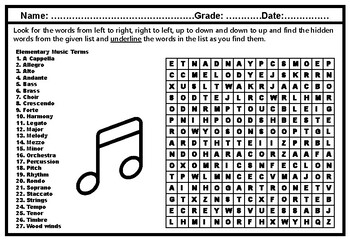 elementary music terms word search worksheet music vocabulary sub plan