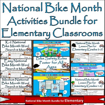 Preview of Elementary National Bike Month Bundle:Puzzles, Poster,Guides,Lesson Plan, & More