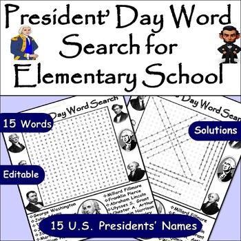 Preview of Elementary Presidents’ Day Word Search Puzzle/15 Presidents Words Find February