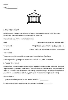 Preview of Elementary School U.S. Government Basics Worksheet