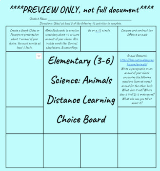 Preview of Elementary Science Animals Choice Board EDITABLE: Distance Learning (Grade 3-6)