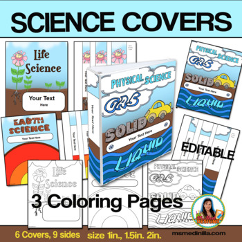 Preview of Science Elementary Binder Cover Set of 6 Editable for Teacher Binders, Portfolio