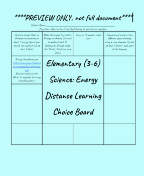 Preview of Elementary Science Energy Choice Board EDITABLE: Distance Learning (Grade 3-6)