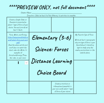 Preview of Elementary Science Forces Choice Board EDITABLE: Distance Learning (Grade 3-6)
